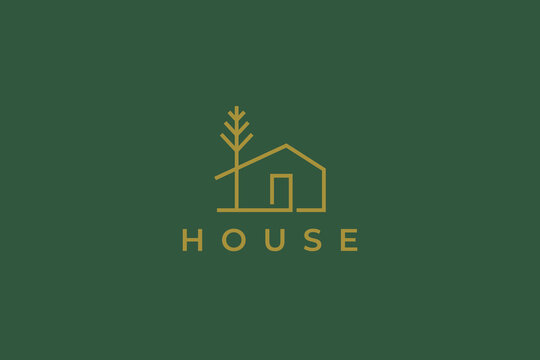 Minimal House and Tree Logo with Geometric Line Art