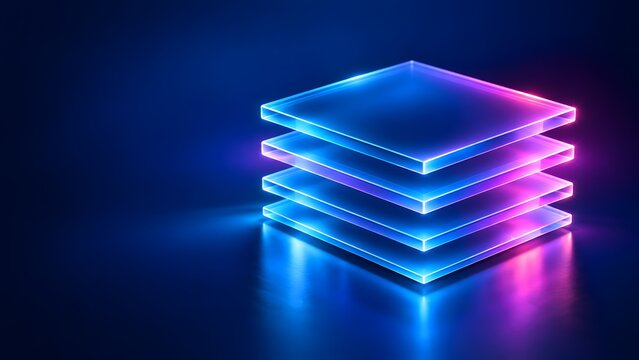 Abstract glowing glass layers illuminated by neon blue and purple lights representing modern technology infrastructure