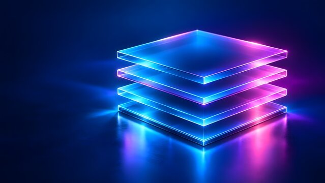 Futuristic layered glass squares with vibrant blue and pink neon lighting for digital platform concepts