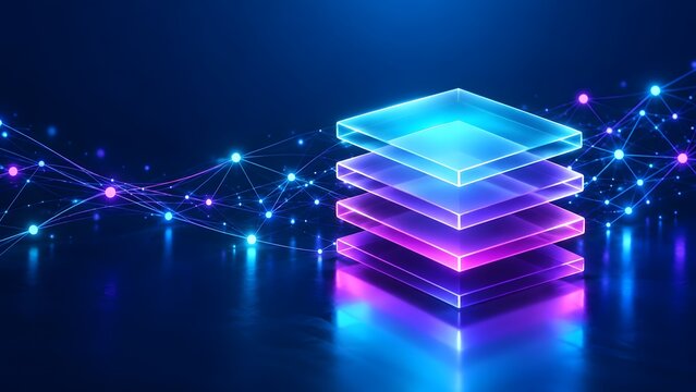 Glowing technology stack intersecting with digital network nodes representing decentralized data architecture