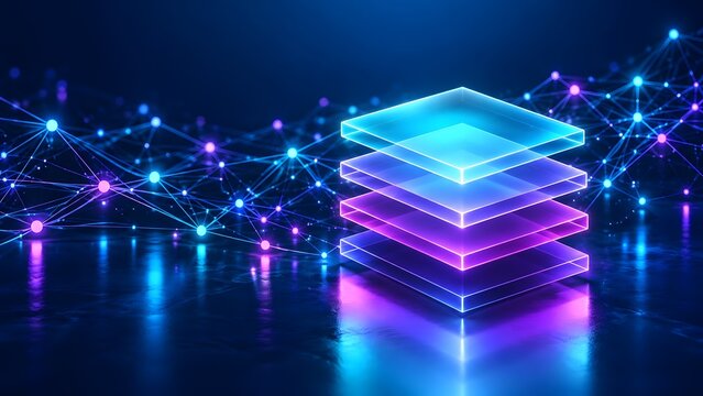 Abstract layered database structure connected to a glowing digital plexus network for cloud computing concepts
