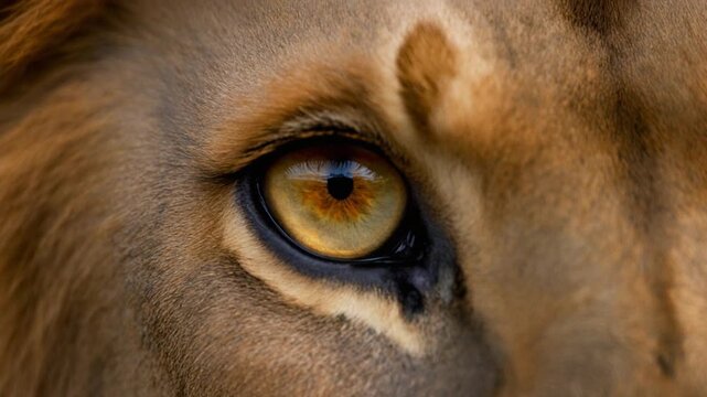 Extreme macro photorealistic footage of an adult lion's eye in a tense natural moment
