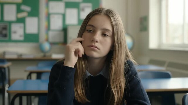 Teenage student looking bored while sitting in a classroom