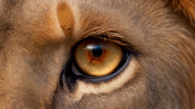 Extreme macro photorealistic footage of an adult male lion's eye in an aggressive mood
