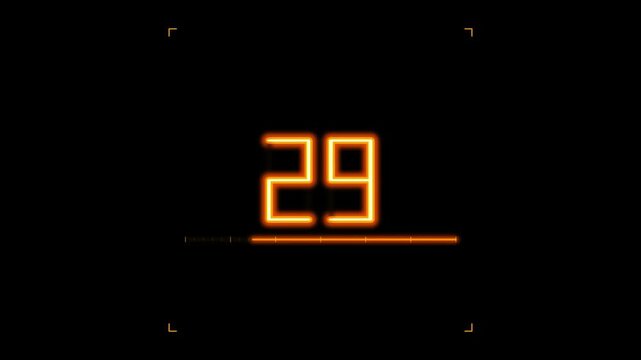 Glowing orange neon digital countdown timer from forty-four down with a horizontal progress bar and minimalist HUD elements on a dark black background for technology and gaming video productions