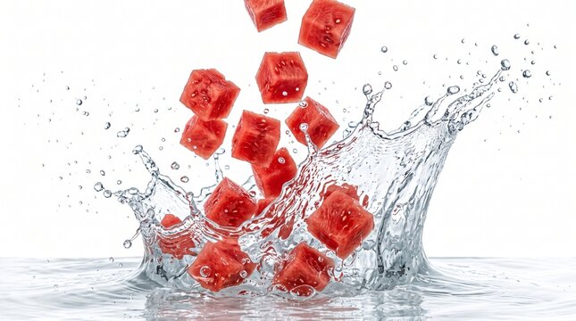 Watermelon cubes falling into water with dynamic splash on white background