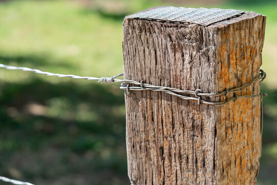 Close Up of Wire Fencing Wrapped Around Rustic Wooden Fence Post