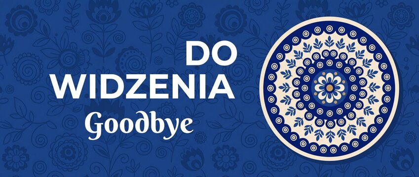 Polish goodbye text folk ceramic banner with Do Widzenia phrase, traditional navy blue decorative mandala pattern ornament, floral Slavic art farewell greeting card background design for travel topic
