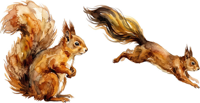 Two cute brown squirrels painted in watercolor style one sitting upright and another jumping gracefully across the image area animal painting wildlife