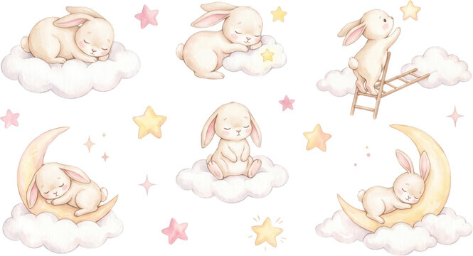 Watercolor illustrations of cute sleeping bunnies baby rabbits on clouds and crescent moons pastel stars and sweet dreams imagery for children bunny animal