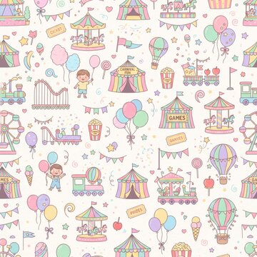 Playful amusement park seamless pattern design with carnival festival seamless amusement