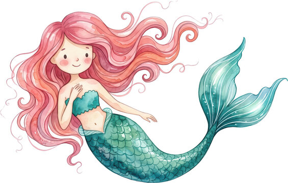 Watercolor illustration of a cute mermaid with long flowing pink hair and a shimmering teal fishtail smiling gently while posing gracefully teal tail fantasy