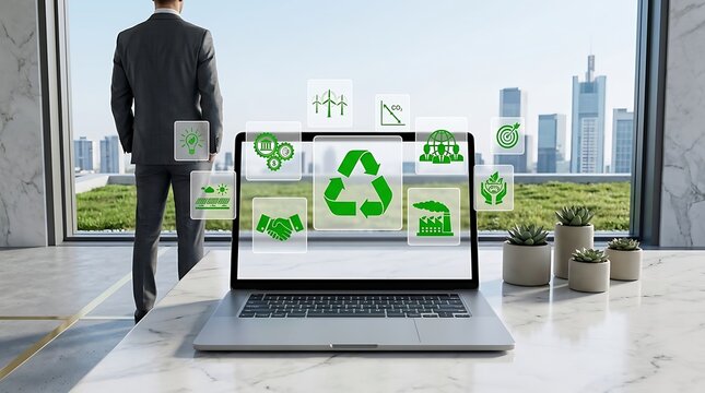 Businessman in Modern Office Using Laptop with Floating Digital Icons Representing ESG Concepts, Environmental Sustainability, Renewable Energy, Green Finance, and Corporate Responsibility.