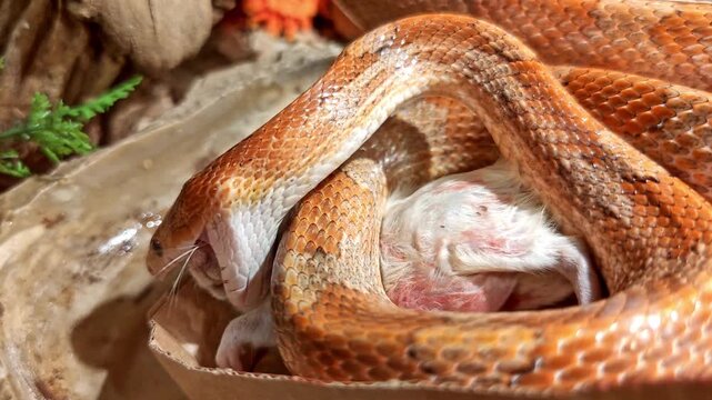 TIMELAPSE: A red corn snake feeding in a terrarium on a rat. Pantherophis guttatus is a North American species of rat snake that subdues its prey by constriction. Corn snake swallowing a grey rat.