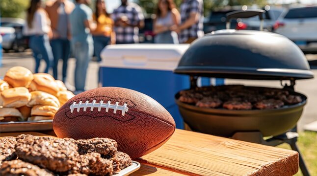 Football on a wooden table at a tailgate party with a grill cooking burgers and people gathering