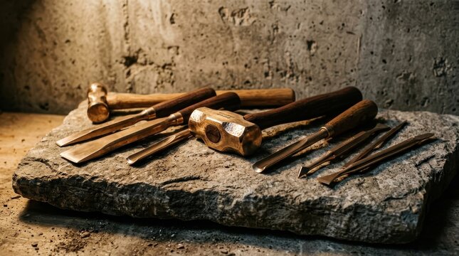 Artisan Chisels and Bronze Mallet Resting on Textured Stone Surface, Showcasing Traditional Woodworking Tools