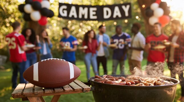Football game day party with diverse friends at an outdoor backyard barbecue grill gathering