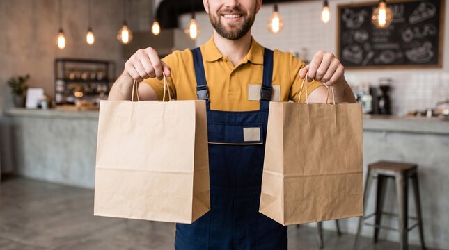 Courier holding two paper bags.
