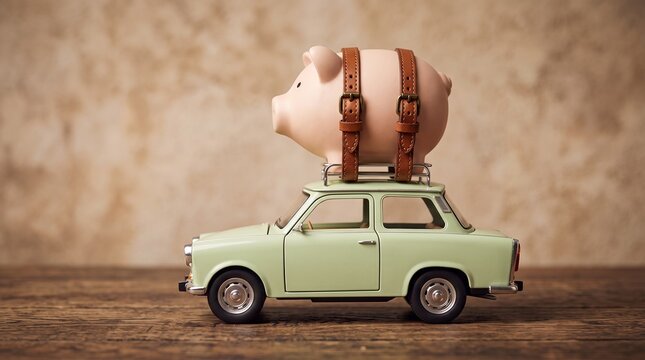 Piggy bank traveling on car
