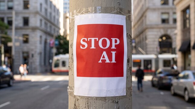 Red paper sign says stop AI
