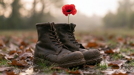 Fototapeta premium Remembrance with a red poppy and military boots on autumn leaves for a veteran memorial sacrifice