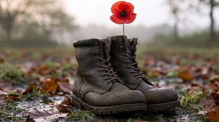 Fototapeta premium Remembrance of military service with a red poppy and worn boots on autumn leaves for a memorial