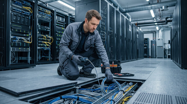 IT technician inspecting server room cables