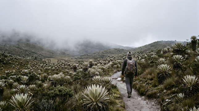 Hiker exploring mountain landscape with frailejon plants and fog