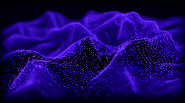 A flowing landscape formed from digital particles represents data visualization information flow and abstract network technology.
