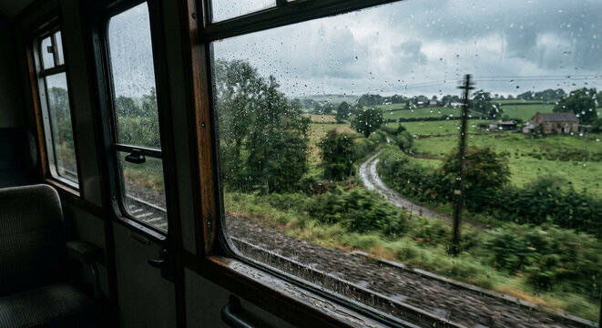 Rainy Train Journey Through the Countryside Viewed Through a Rain Covered Window