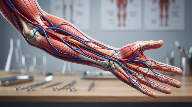 Detailed anatomical illustration of human arm showing muscles and veins