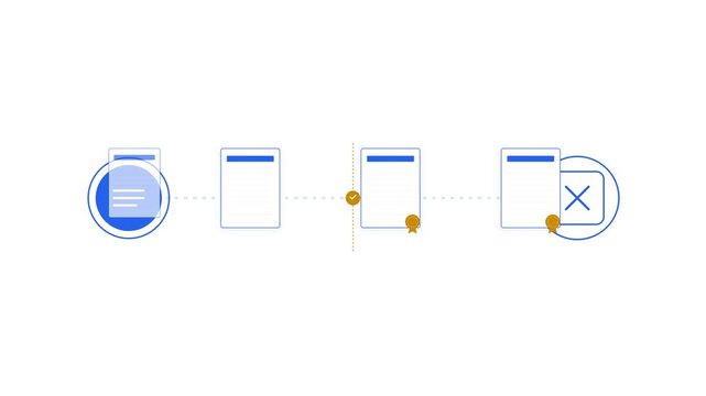 Enterprise Intellectual Property Patent Assignment Transfer Graphic with Royal Blue Cards and Gold Seals