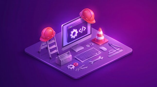 Vibrant isometric 3D illustration showcasing website development and construction tools with glowing purple neon lighting effects