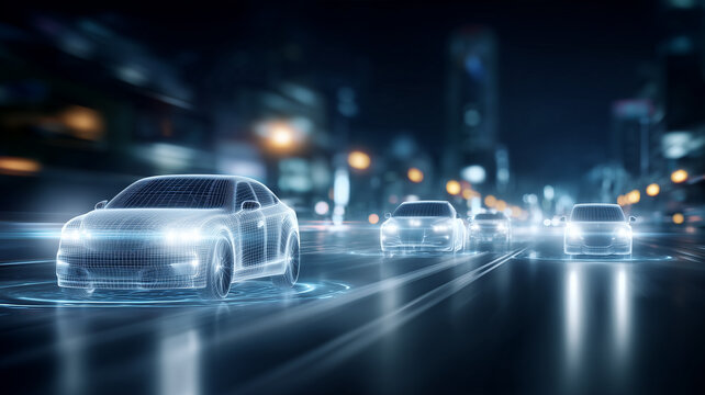 Wireframe cars traveling on a digital roadway represent autonomous vehicles intelligent transportation and future urban mobility.
