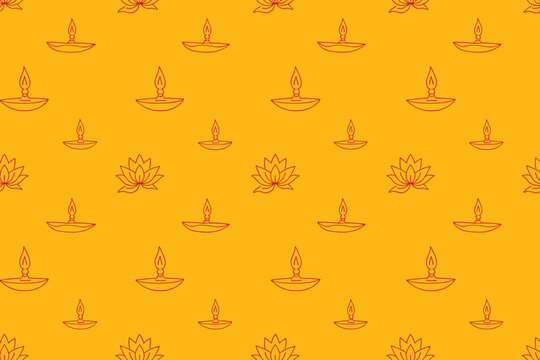 Seamless pattern background with indian oil lamp diya and lotus flower for diwali festival celebration