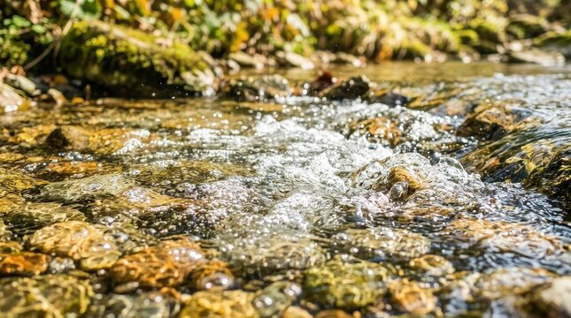 Crystal clear water flowing over colorful river rocks and pebbles in a natural woodland setting