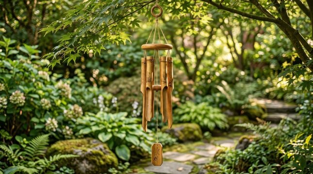 Bamboo Wind Chime Hanging in a Lush Green Garden Creating a Serene and Peaceful Outdoor Atmosphere