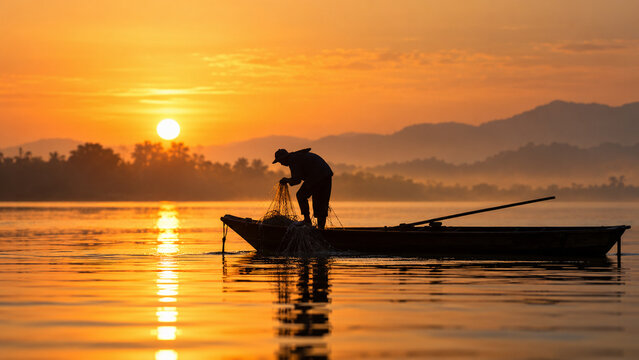 AI generated traditional fishermen working from wooden boat at golden sunset fishing net calm water mountain silhouettes reflections showing rural fishing culture livelihood
