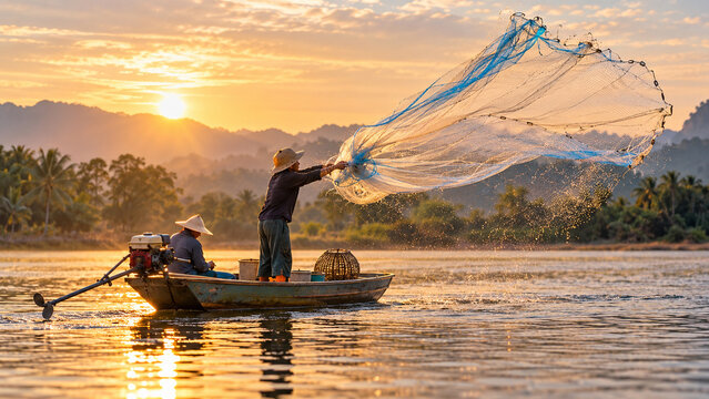 AI generated traditional fishermen casting large net from small boat at golden sunrise calm water mountains palm trees reflections showing rural fishing culture