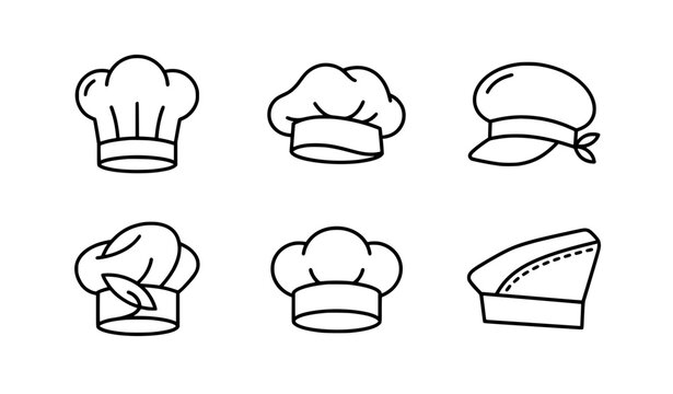 Chef Hat and Bakery Uniform Headwear Line Icon Set with Toque, Beret, and Cooking Cap Symbols