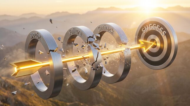 Glowing golden arrow piercing through metallic rings of doubt, failure, and setbacks to hit target success