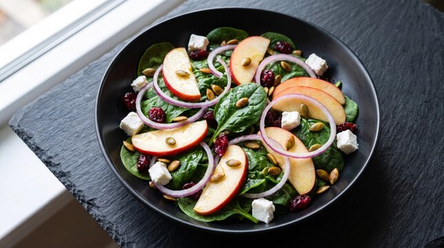 Vibrant fresh spinach salad with sliced apples, red onions, feta cheese, cranberries, and crunchy seeds served inside a dark bowl