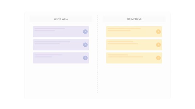 Agile Sprint Retrospective Board Motion Graphic with Sliding Lavender and Amber Sticky Notes