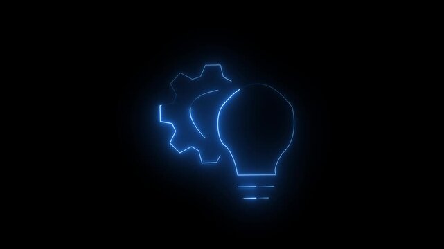 Neon lightbulb and gear animation: concept of innovation, problem solving, and technical creativity cogwheel