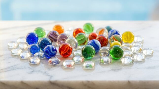 Collection of colorful vintage glass marbles scattered on a textured surface with a blurred ocean and sky background
