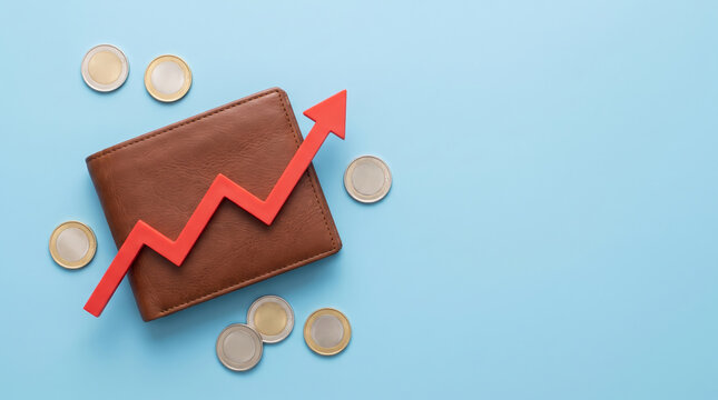 Rising cost graph beside wallet and coin, expressing concern about living expenses. Economic inflation recession crisis. finance price rate increase, budget expense debt poverty, chart trend