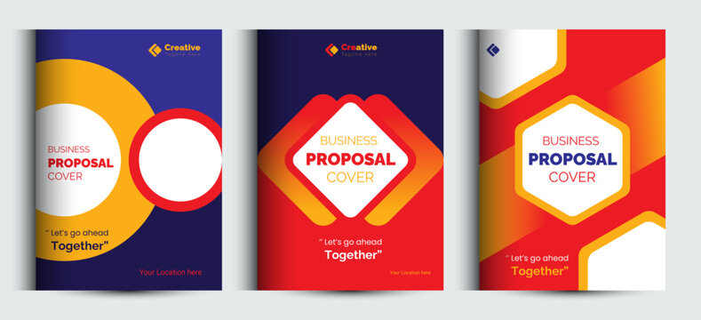 Set of modern business proposal document covers with hexagonal and circular branding layouts