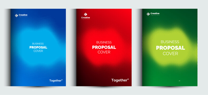 Set of three professional business proposal cover page templates with halftone abstract backgrounds