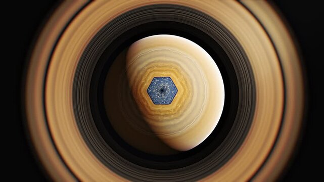 Top View of Saturn With Rotating Polar Hexagon and Ring System