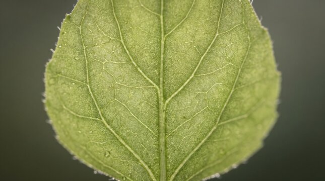 Extreme macro of green leaf showing intricate vein structure and organic texture in natural light for botanical study and environmental concept